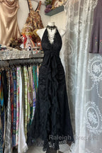 Vintage Mermaid Halter Sleeveless Long Black Lace Evening Dress Prom Dresses