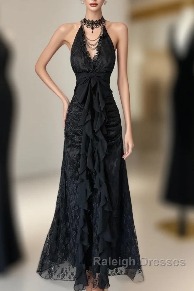 Vintage Mermaid Halter Sleeveless Long Black Lace Evening Dress Prom Dresses Main image