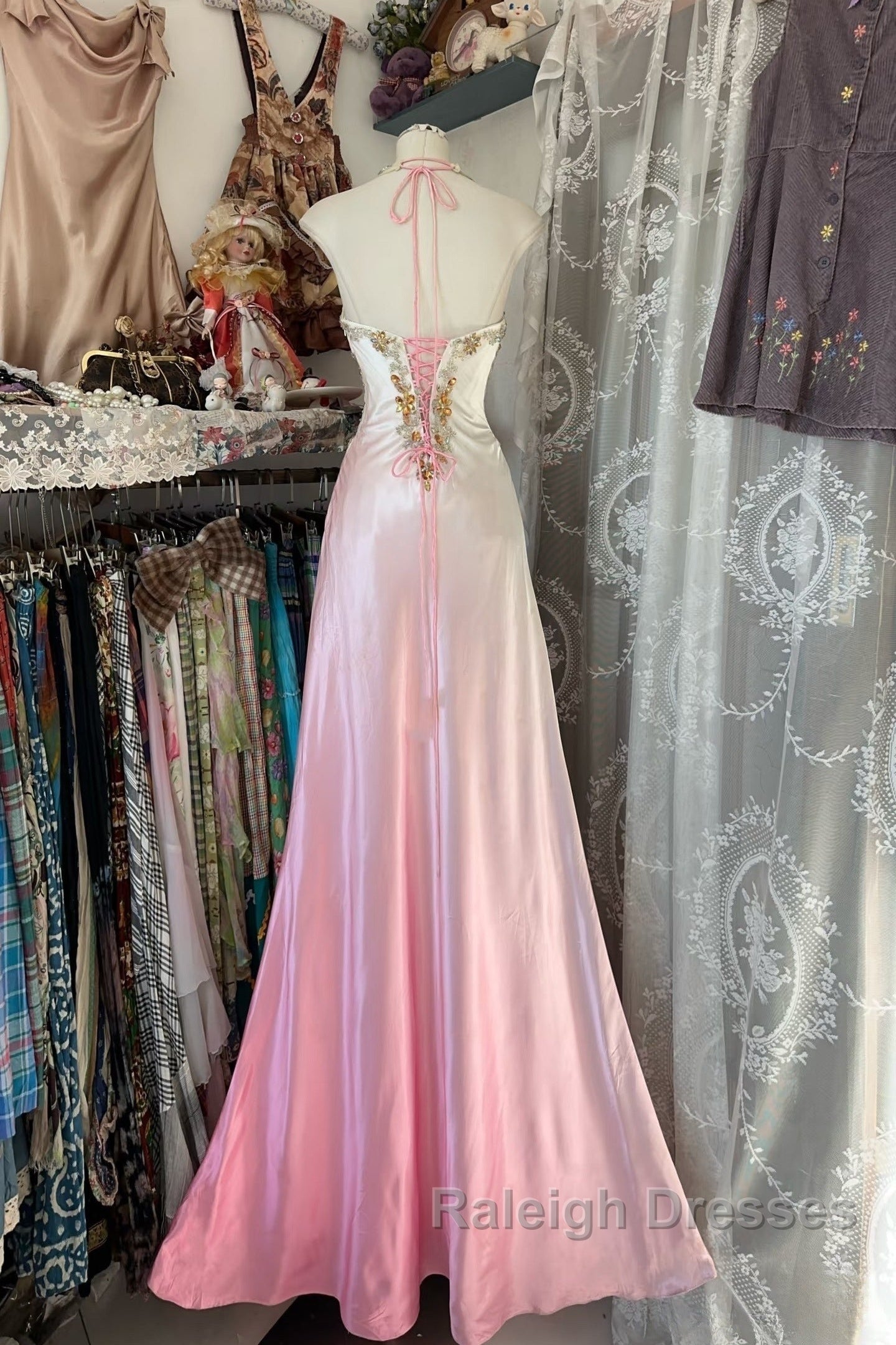 Vintage Mermaid Halter Sleeveless Long Ombre Pink Evening Dress Prom Dresses