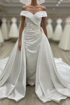 Vintage Mermaid Off Shoulder Wedding Dress Satin Embroidery