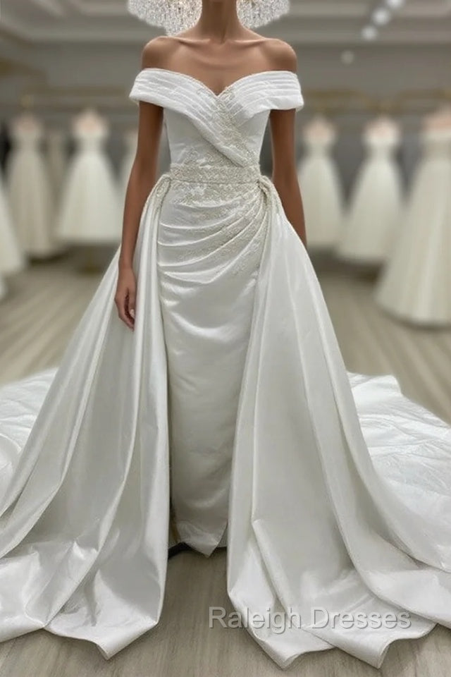Vintage Mermaid Off Shoulder Wedding Dress Satin Embroidery Main image