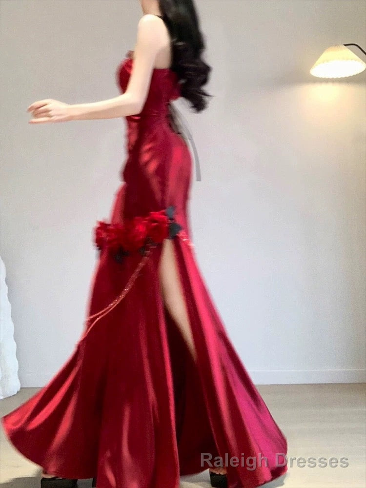 Vintage Mermaid One Shoulder Burgundy Satin Long Floor Length Prom Dresses