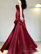 Vintage Mermaid One Shoulder Burgundy Satin Long Floor Length Prom Dresses