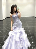 Vintage Mermaid One Shoulder Lilac Tulle Satin Prom Dress Long Prom Dresses
