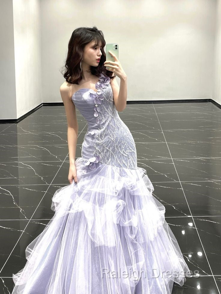 Vintage Mermaid One Shoulder Lilac Tulle Satin Prom Dress Long Prom Dresses