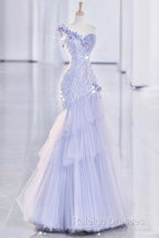 Vintage Mermaid One Shoulder Lilac Tulle Satin Prom Dress Long Prom Dresses