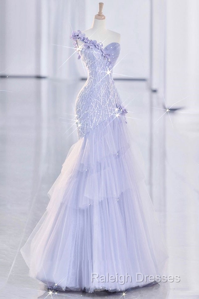 Vintage Mermaid One Shoulder Lilac Tulle Satin Prom Dress Long Prom Dresses
