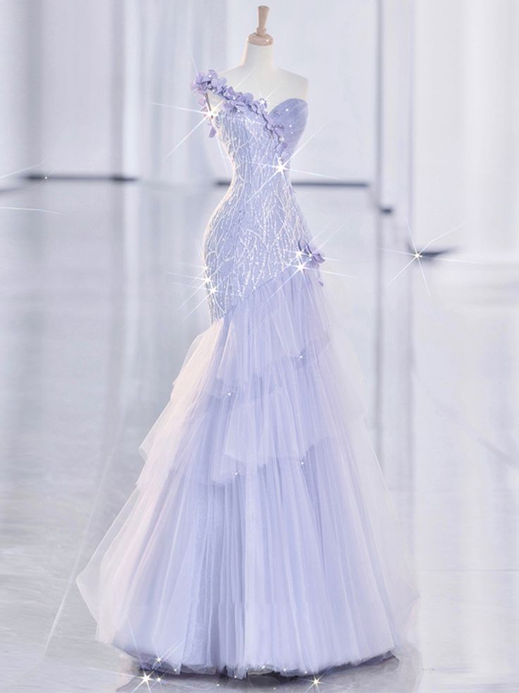 Vintage Mermaid One Shoulder Lilac Tulle Satin Prom Dress Long Prom Dresses Main image