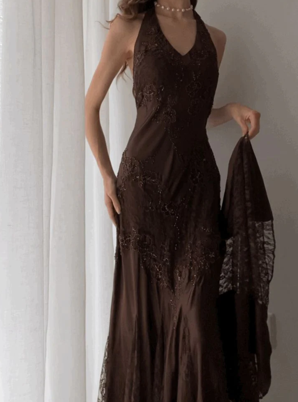 Vintage Mermaid Sleeveless Halter Brown Long Prom Dresses