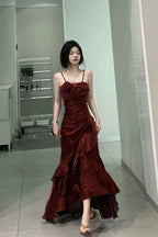 Vintage Mermaid Spaghetti Straps Burgundy Long Party Dresses Birthday Outfits