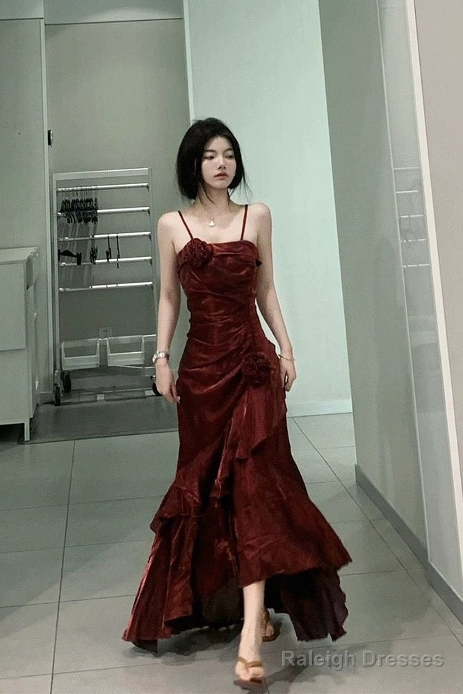 Vintage Mermaid Spaghetti Straps Burgundy Long Prom Dress Birthday Outfits