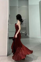 Vintage Mermaid Spaghetti Straps Burgundy Long Party Dresses Birthday Outfits