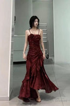 Vintage Mermaid Spaghetti Straps Burgundy Long Prom Dress Birthday Outfits