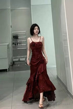 Vintage Mermaid Spaghetti Straps Burgundy Long Prom Dress Birthday Outfits