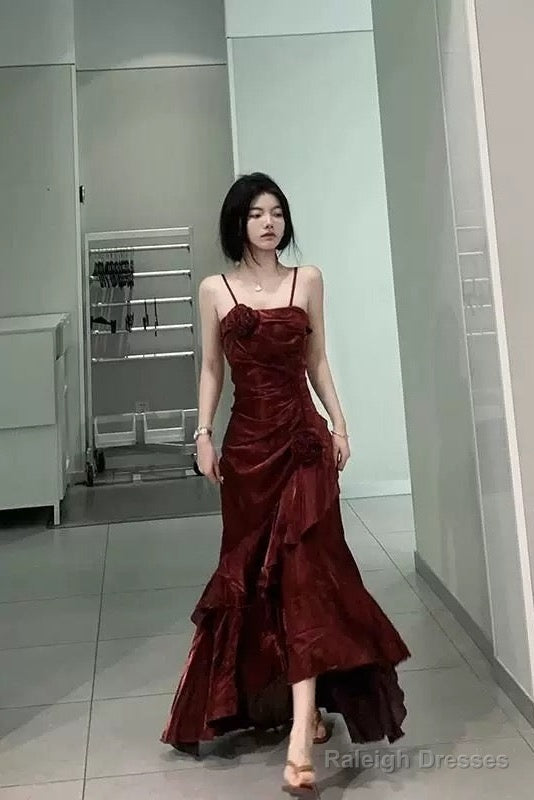 Vintage Mermaid Spaghetti Straps Burgundy Long Prom Dress Birthday Outfits