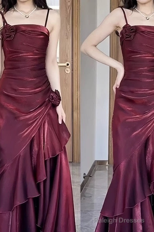 Vintage Mermaid Spaghetti Straps Burgundy Long Prom Dress Birthday Outfits