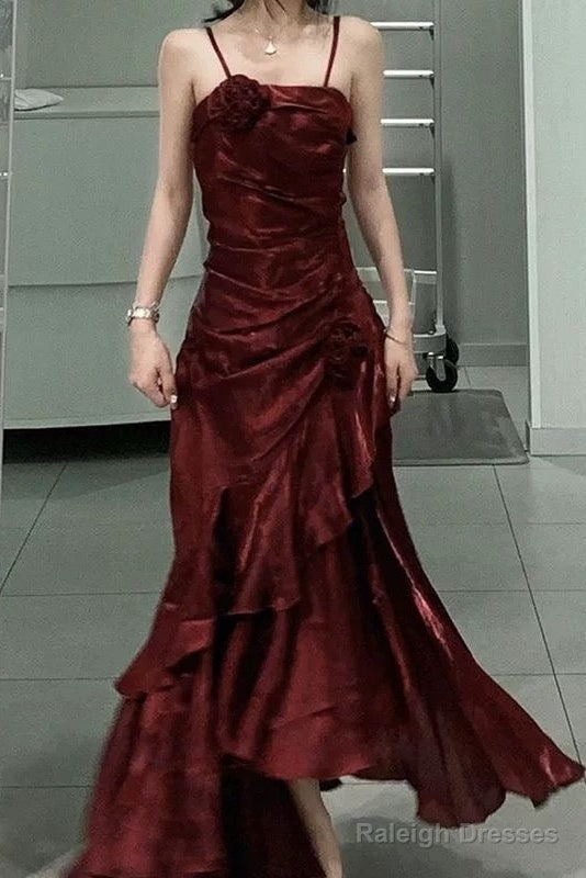 Vintage Mermaid Spaghetti Straps Burgundy Long Party Dresses Birthday Outfits