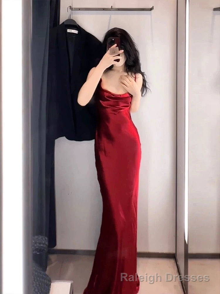 Vintage Mermaid Spaghetti Straps Burgundy Satin Long Floor Length Prom Dresses Main image