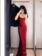 Vintage Mermaid Spaghetti Straps Burgundy Satin Long Floor Length Prom Dresses