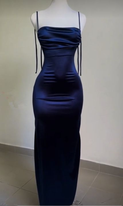 Vintage Mermaid Spaghetti Straps Custom Silk Satin Blue Long Prom Dress Main image