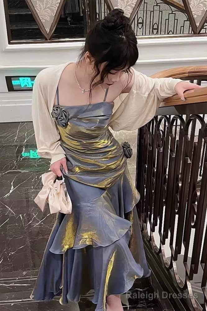 Vintage Mermaid Spaghetti Straps Gray Long Party Dresses Birthday Outfits