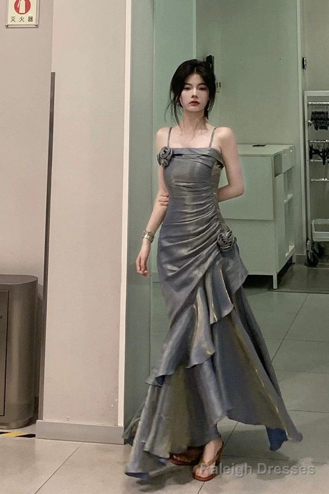 Vintage Mermaid Spaghetti Straps Gray Long Prom Dress Birthday Outfits