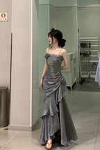 Vintage Mermaid Spaghetti Straps Gray Long Prom Dress Birthday Outfits