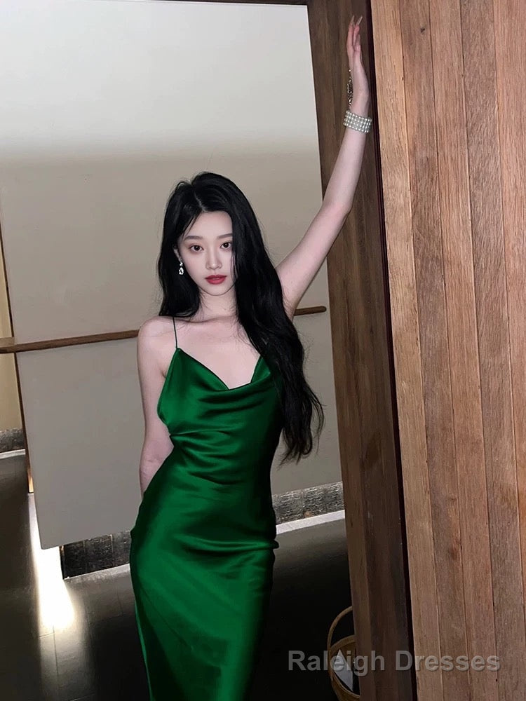 Vintage Mermaid Spaghetti Straps Green Satin Long Birthday Dress Prom Dresses Secondary image