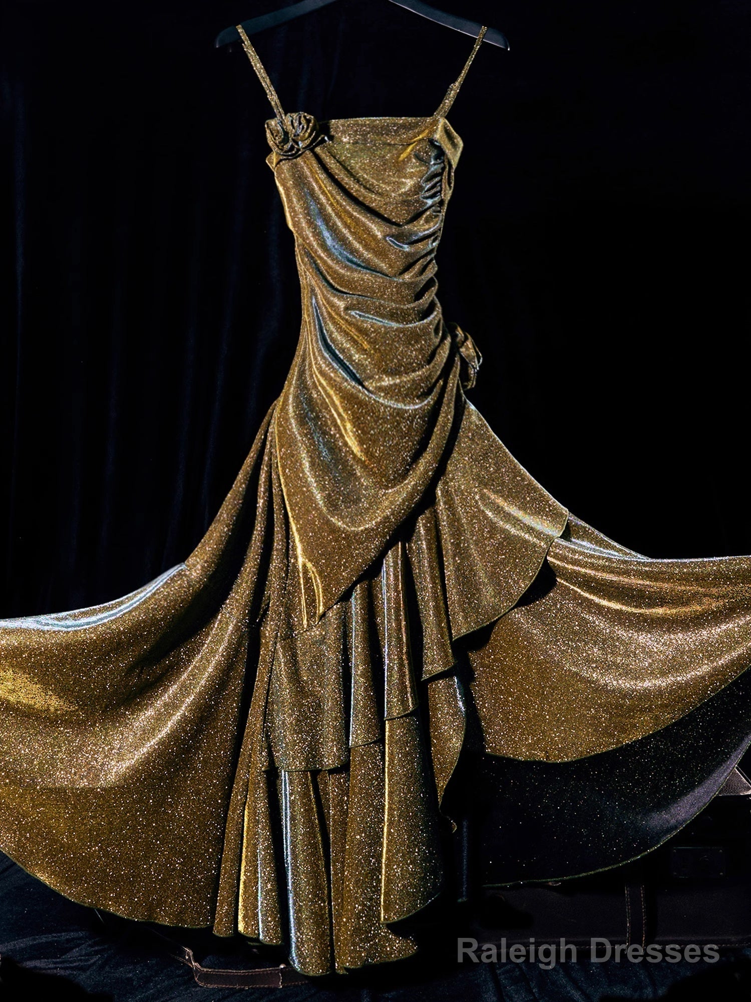 Vintage Mermaid Spaghetti Straps Long Gold Sequin Prom Dresses Birthday Outfits With Flowers