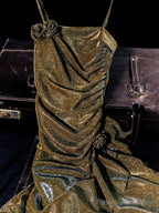 Vintage Mermaid Spaghetti Straps Long Gold Sequin Prom Dresses Birthday Outfits With Flowers