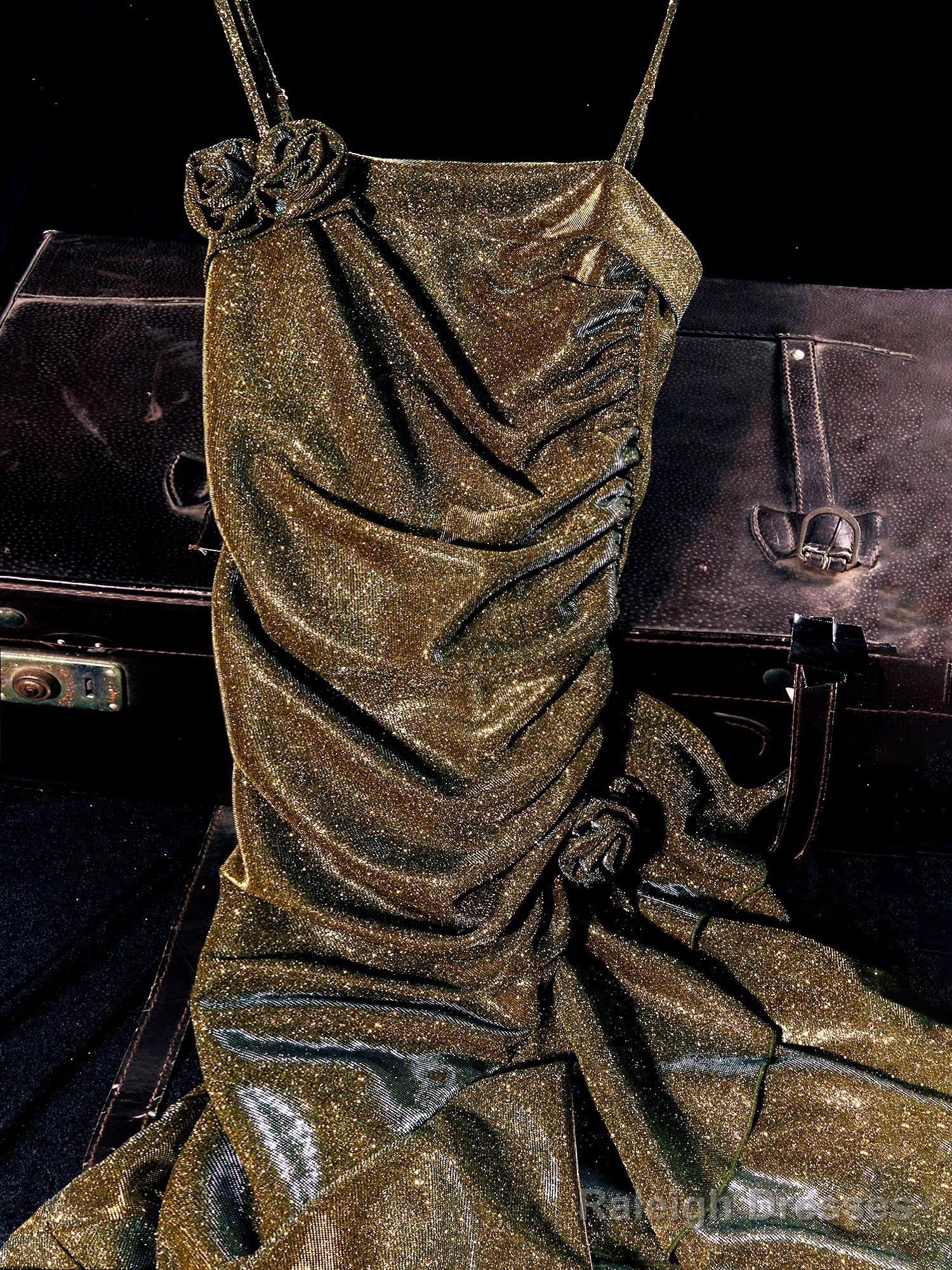 Vintage Mermaid Spaghetti Straps Long Gold Sequin Prom Dresses Birthday Outfits With Flowers