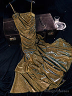 Vintage Mermaid Spaghetti Straps Long Gold Sequin Prom Dresses Birthday Outfits With Flowers