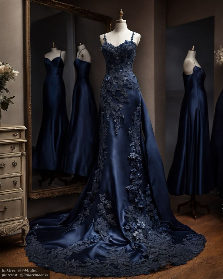 Vintage Mermaid Spaghetti Straps Navy Blue Satin Prom Dress Long Prom Dresses Main image