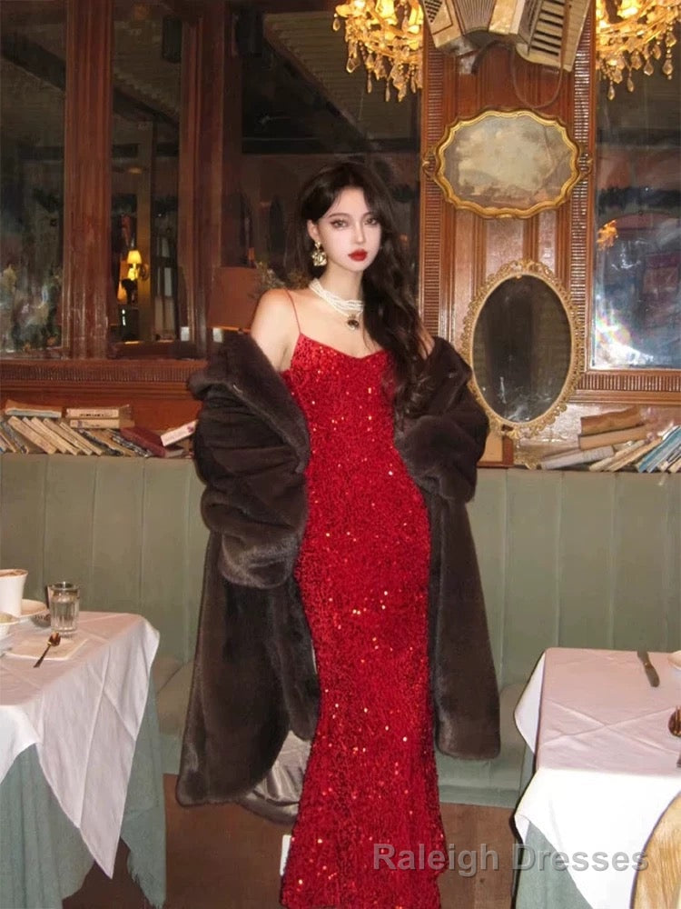 Vintage Mermaid Spaghetti Straps Red Sequin Birthday Dress Prom Dresses Main image