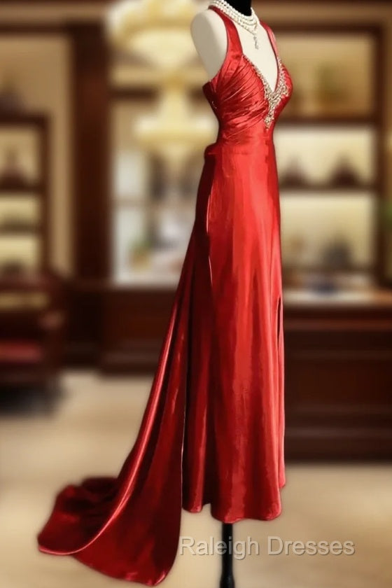 Vintage Mermaid Spaghetti Straps Satin Red Prom Gown Fairy Prom Dress Main image