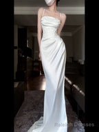 Vintage Mermaid Spaghetti Straps White Satin Long Birthday Dress Prom Dresses