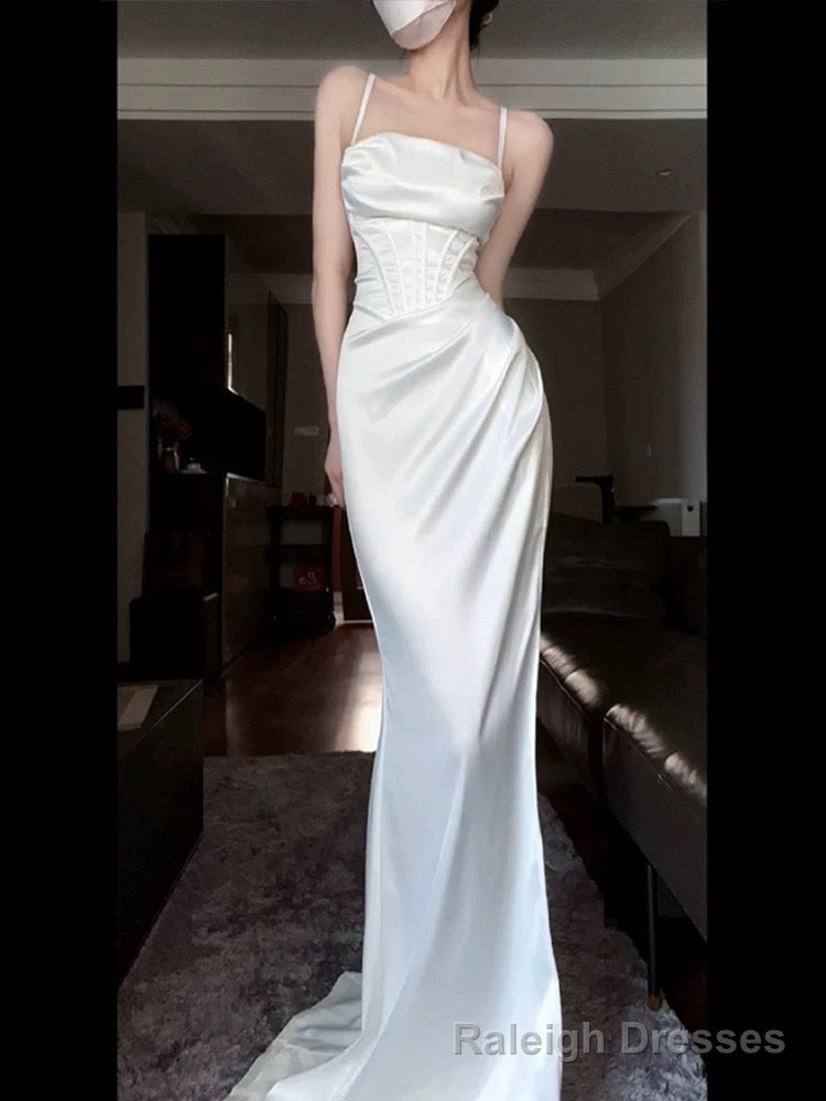 Vintage Mermaid Spaghetti Straps White Satin Long Birthday Dress Prom Dresses