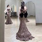 Vintage Mermaid Strapless Party Dresses Long Sequin Prom Dresses