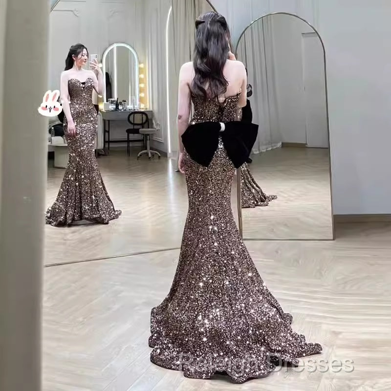 Vintage Mermaid Strapless Party Dresses Long Sequin Prom Dresses