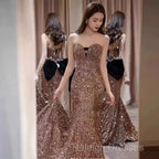 Vintage Mermaid Strapless Prom Dress Long Sequin Prom Dress
