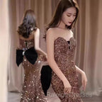 Vintage Mermaid Strapless Party Dresses Long Sequin Prom Dresses