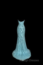 Vintage Mermaid Strapless Tulle Blue Beads Long Prom Gown Fairy Prom Dresses