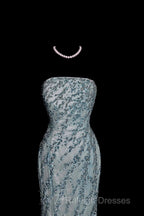 Vintage Mermaid Strapless Tulle Blue Beads Long Prom Gown Fairy Prom Dresses