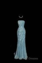 Vintage Mermaid Strapless Tulle Blue Beads Long Prom Gown Fairy Prom Dresses