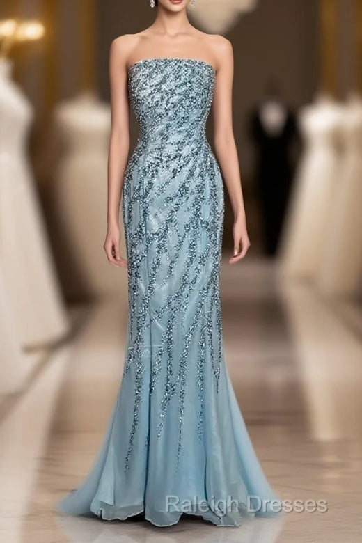 Vintage Mermaid Strapless Tulle Blue Beads Long Prom Gown Fairy Prom Dress Main image