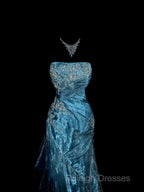 Vintage Mermaid Strapless Tulle Blue Long Prom Gown Fairy Prom Dresses