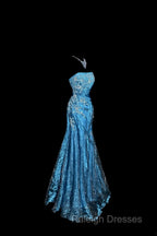 Vintage Mermaid Strapless Tulle Blue Long Prom Gown Fairy Prom Dresses