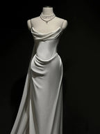 Vintage Mermaid Strapless White Satin Long Wedding Dress With Ruffles