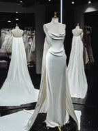 Vintage Mermaid Strapless White Satin Long Wedding Dress With Ruffles