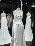 Vintage Mermaid Strapless White Satin Long Wedding Dress With Ruffles